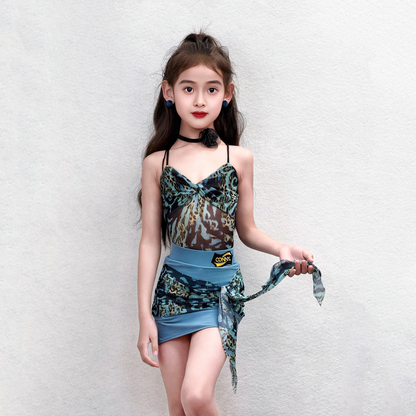 CONNY夏季拉丁舞套装女舞蹈训练功服儿童表演出服吊带上衣绑带裙