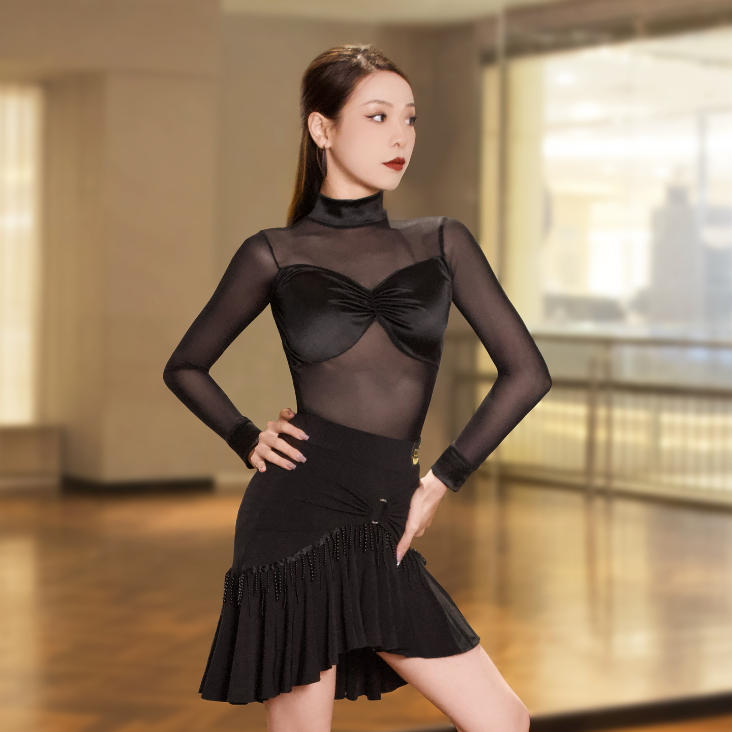 CONNY拉丁舞服装女舞蹈练功服连体网纱上衣长袖日常训练裙子衣服