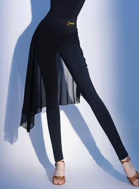 CONNY拉丁舞服下装舞蹈练功裤网纱裙裤紧身跳舞上课形体训练裤黑