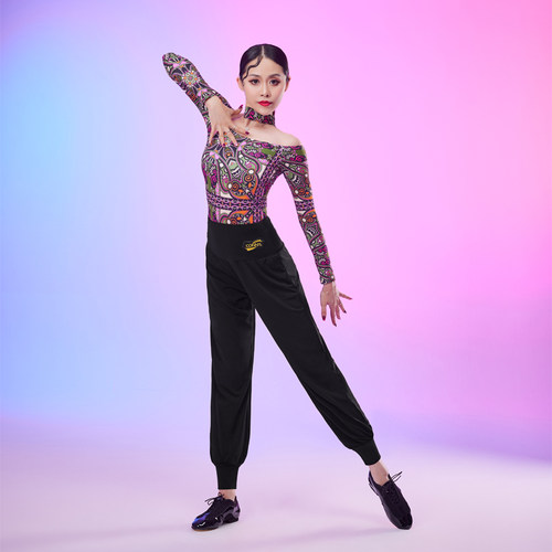 新品舞蹈练功裤女拉丁舞服长裤跳舞瑜伽形体宽松收W口中高腰阔腿