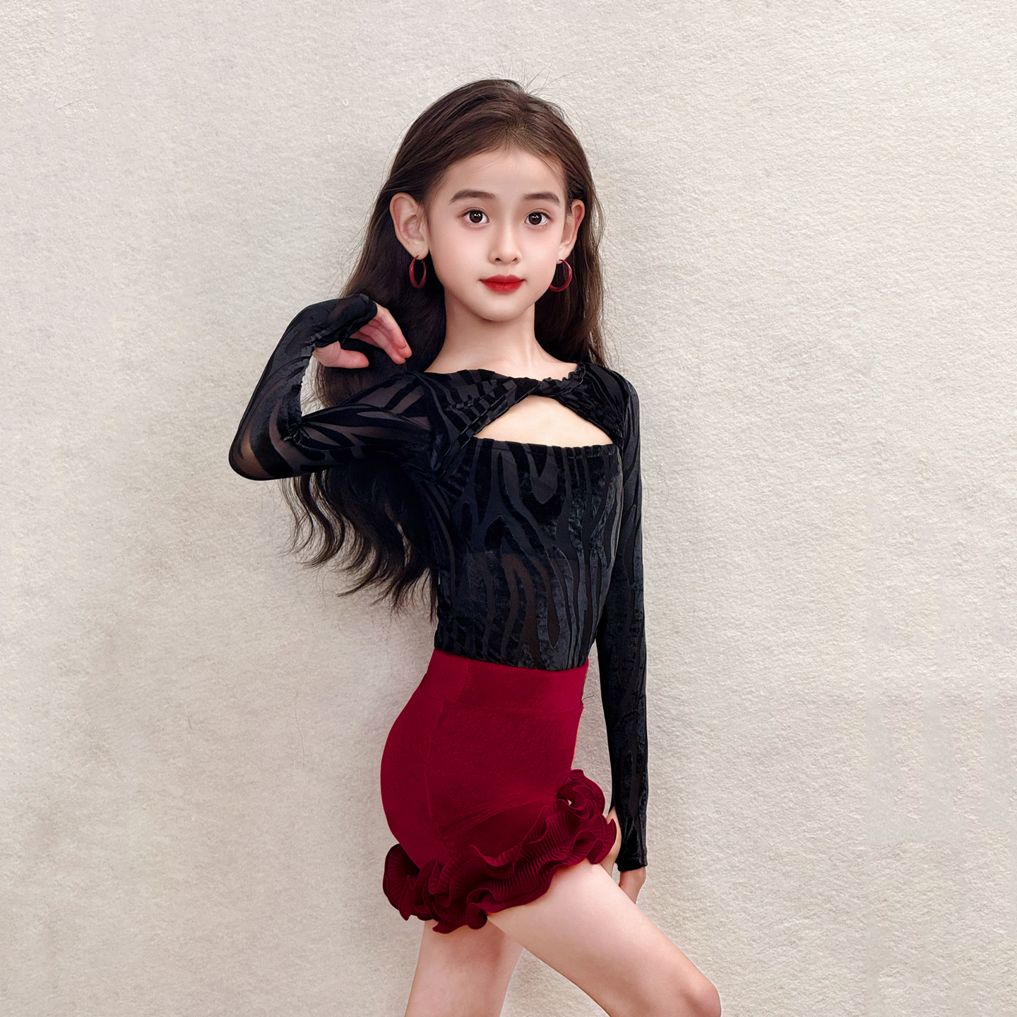 CONNY康尼拉丁舞服女儿童舞蹈练功服包臀短裙网纱上衣表演出套装