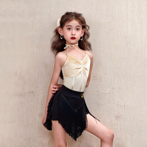 CONNY拉丁舞服女舞蹈训练功服儿童流苏半身裙吊带上衣表演出套装