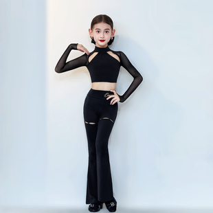 CONNY康尼拉丁舞服装女儿童长袖上衣日常跳舞蹈训练功长裤微喇叭