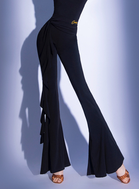 CONNY康尼拉丁舞蹈裤子练功服下装女士国标摩登舞微喇叭长裤绑带