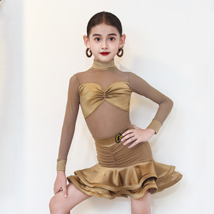 CONNY拉丁舞服女儿童舞蹈训练功服网纱上衣长袖半身裙表演出套装