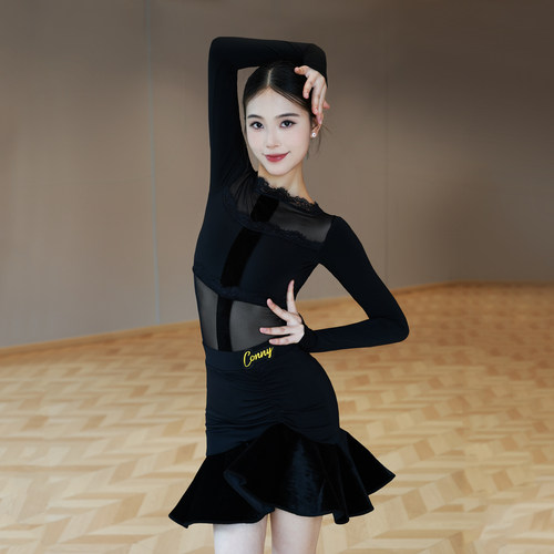 CONNY新款拉丁舞服女日常舞蹈练功服网纱上衣长袖黑色半身裙套装