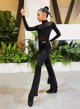 CONNY拉丁舞裤子女舞蹈练功长款摩登伦巴儿童跳中国舞马蹄裤黑色