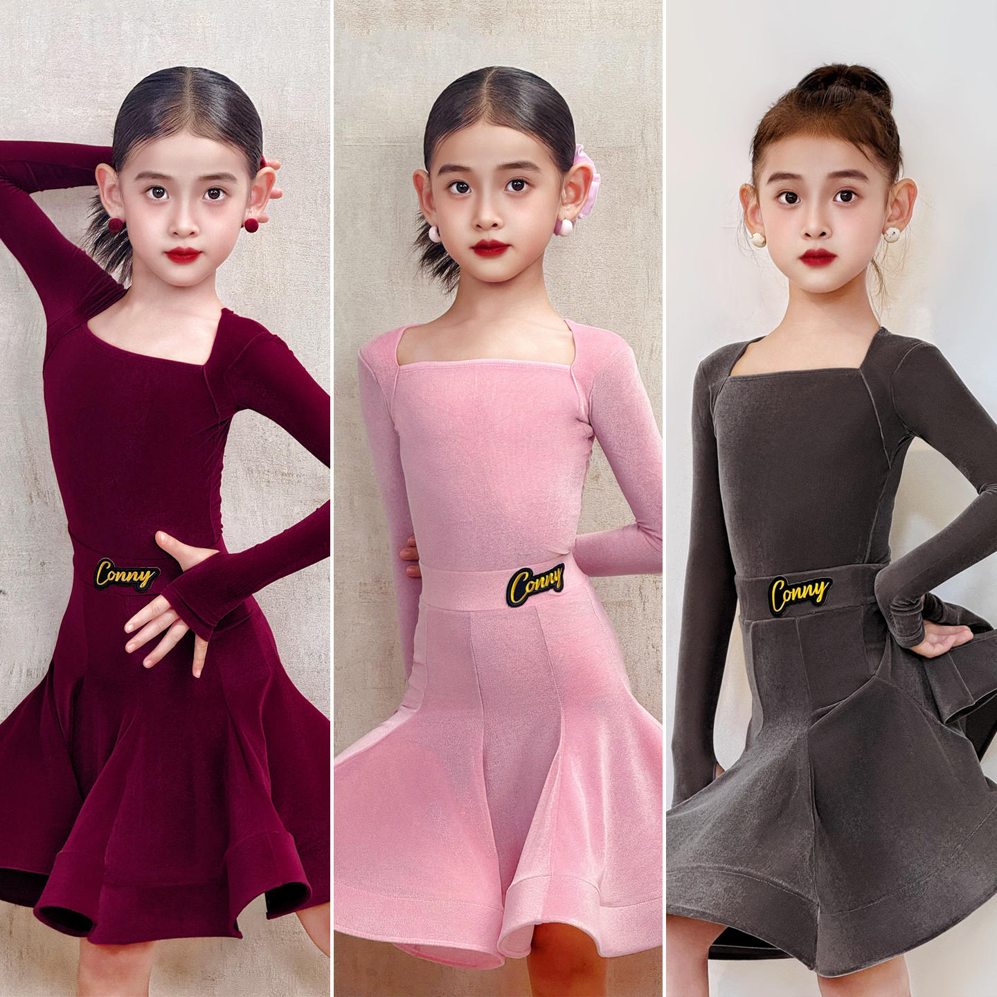 CONNY康尼新款拉丁舞服女表演出鱼骨裙子儿童标准规定比赛服长袖