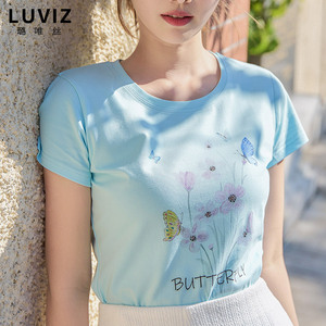 短袖t恤女夏季女装小清新印花上衣修身洋气小衫甜美棉T圆领体恤潮