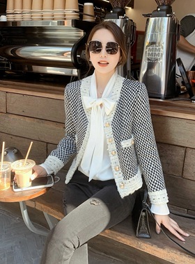 KING 21冬 法式编织短款小香风外套轻奢名媛上衣黑白格子单件外套