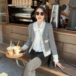 KING 21冬 法式编织短款小香风外套轻奢名媛上衣黑白格子单件外套