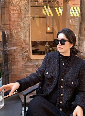 King studios 24春法式小香风外套暗夜星空黑微闪女士短外套上衣