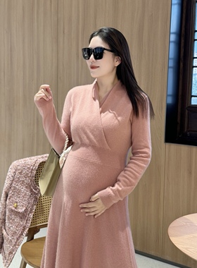 King studios23法式交叉V领山羊绒连衣裙孕妇裙 气质女神打底软糯