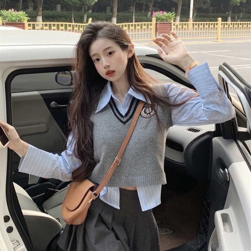 小个子衬衫叠穿马甲女款2024新款秋季学院风穿搭无袖针织毛衣背心