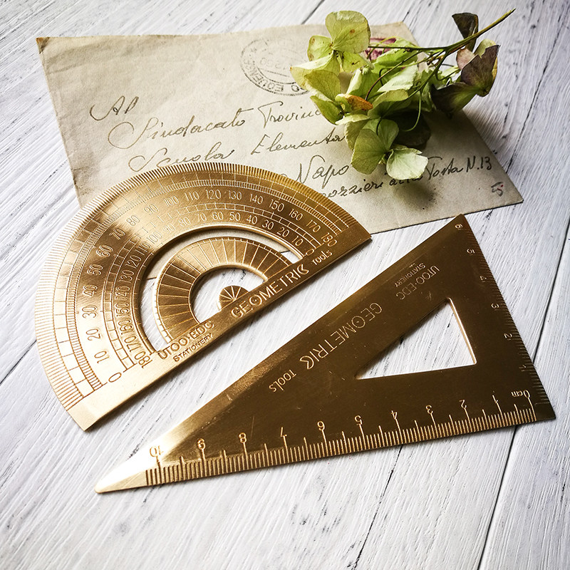 旅行者日志复古黄铜口哨游标卡尺直尺书签手工刻度尺三角板量角器