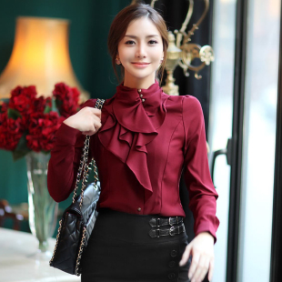 大码 荷叶领衬衣 新款 职业装 OL正装 修身 衬衫 长袖 女装 秋装 清仓