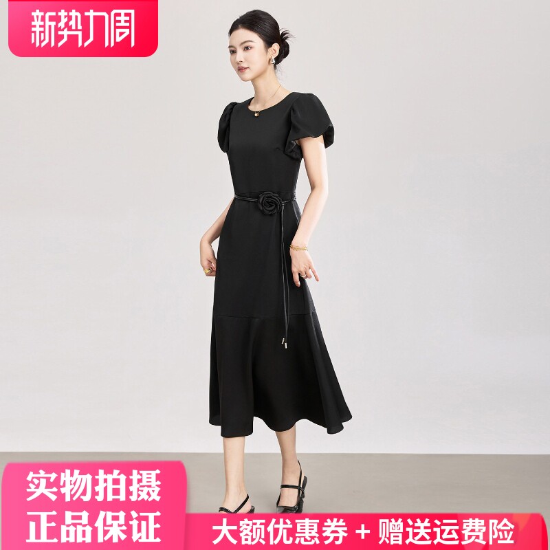 欧洲站2026夏季新款法式泡泡袖山茶花腰带气质修身鱼尾摆连衣裙女