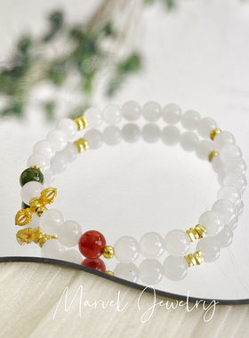 Marvel Jewelry和田白玉手串单圈原创金刚杵复古南红碧玉手链女款