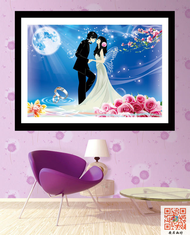 月光情侣幸福婚礼装饰画客厅卧室无框画无纺布墙纸O016壁纸壁画图片