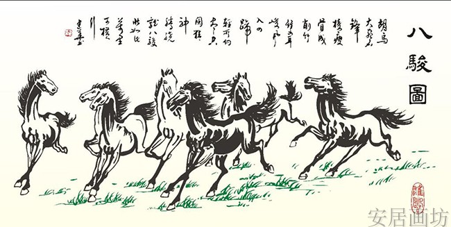中式素描八骏图电视背景墙办公室客厅沙发无纺布墙纸A001壁纸壁画