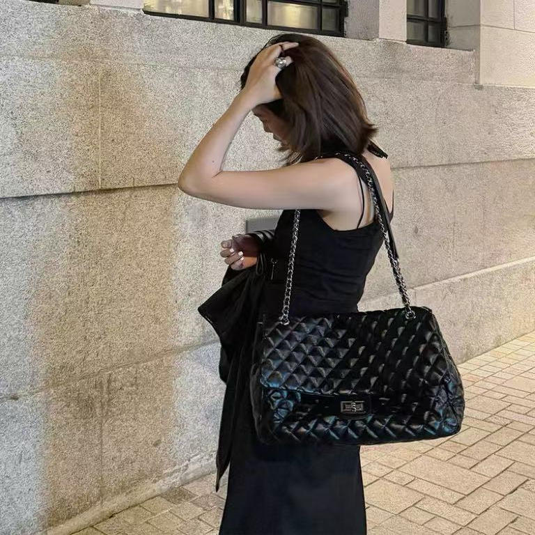 黑色菱格链条通勤包包女式2025新款小香风托特包休闲简约单肩大包