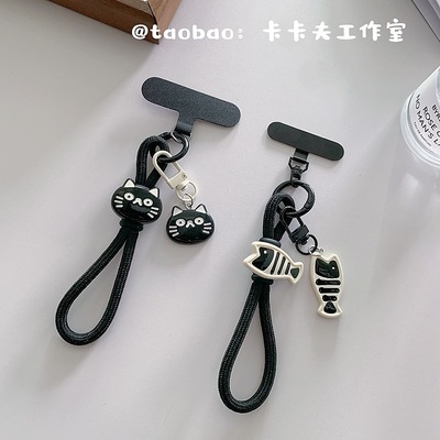 个性小猫小鱼吊坠黑色手机短挂绳防摔金属夹片指环绳ccd相机挂链