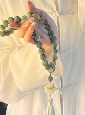 六字箴言雕刻白玉菩提根文玩手串手持女学生菩提子盘玩佛珠念珠