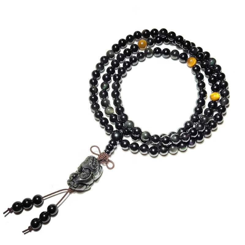 天然彩虹眼黑曜石佛珠手链108颗手串加葫芦貔貅中国结男女款6-8mm