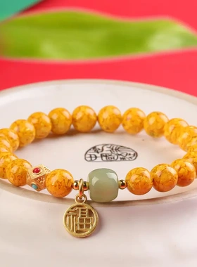 天然朱砂雄黄朱砂手串原矿手链珠福牌属兔礼物