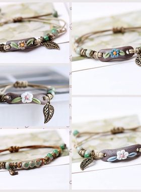 新款陶瓷手捏石上封花系列手链女  简编陶泥 彩色 扁担花叶子款