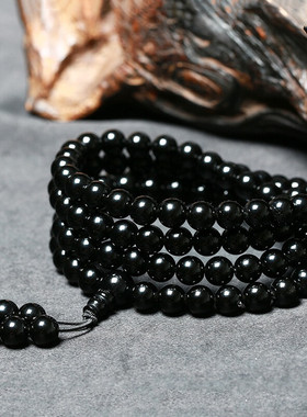 天然乌金黑曜石佛珠手链108颗手串念珠男女多圈水晶玛瑙玻璃6-8mm