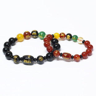 天然黑红玛瑙吉祥福慧黑曜石五路财神手链桶珠红黄白绿黑手串