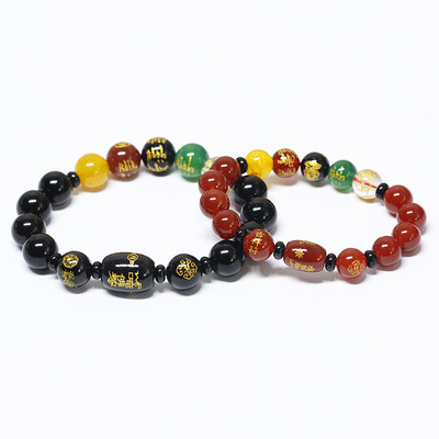天然黑红玛瑙吉祥福慧黑曜石五路财神手链桶珠红黄白绿黑手串