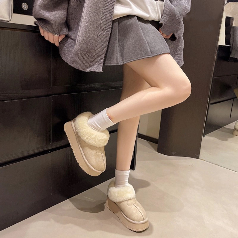 小个子厚底低帮皮面雪地靴女2025冬季新款一脚蹬冬季毛毛棉鞋短靴