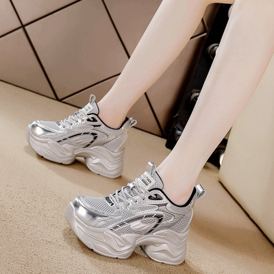 2025春夏女鞋新款松糕厚底坡跟休闲内增高8厘米休闲小个子老爹鞋