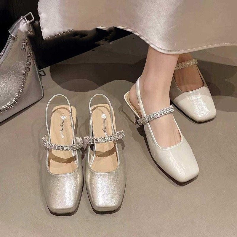 2026春季新款法式仙女风配裙子水钻一字带凉鞋女粗跟绝美包头凉拖,女鞋,浅口单鞋,淘宝优惠券,粉丝福利购,淘宝优惠卷