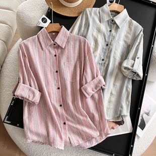 衬衣上衣女 衬衫 仿亚麻肌理感 春夏彩色条纹慵懒宽松显瘦可挽长袖