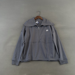 美国单 春季薄绒灰色运动休闲宽松半拉链大翻领套头卫衣上衣女潮