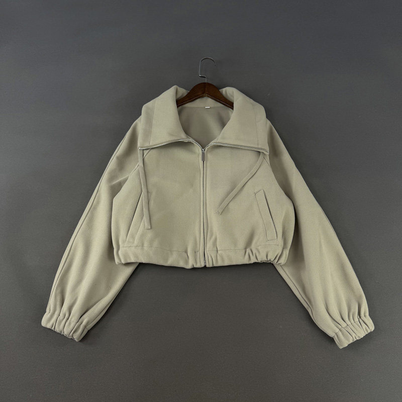 外贸女装秋冬设计感拉链开衫卫衣式宽松短款大翻领毛呢夹克外套潮,女装/女士精品,短外套,淘宝优惠券,粉丝福利购,淘宝优惠卷