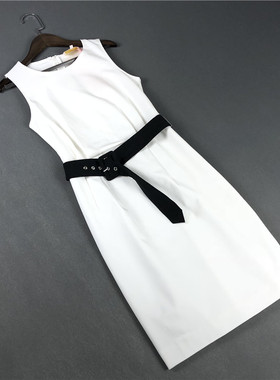 外贸原单女装波兰单优雅气质无袖连衣裙腰带修身中长款白色背心裙