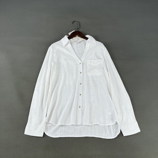 原 美国单薄款粘纤亚麻混纺松弛感宽松白色长袖V领衬衫衬衣上衣女