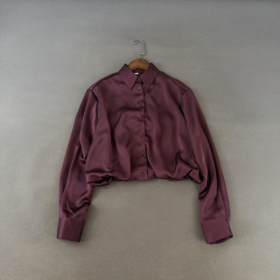 缎面衬衫 外贸女装 翻领长袖 设计感气球下摆宽松短款 衬衣上衣潮 春季