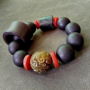 复古老料翡翠珍贵老蜜蜡紫光檀扳指黑檀大木珠手串：靠山而居