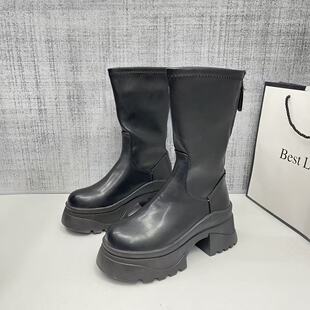 瘦瘦靴厚底马丁靴女2025年新款 辣妹小个子中筒短靴粗跟弹力靴 秋季