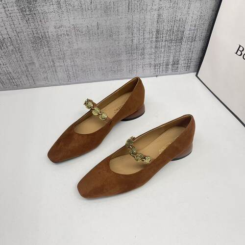 复古法式方头金币链玛丽珍粗跟