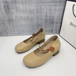 内增高2026春秋季 圆头玛丽珍鞋 女弹力带粗跟舒适一脚蹬单鞋 新款