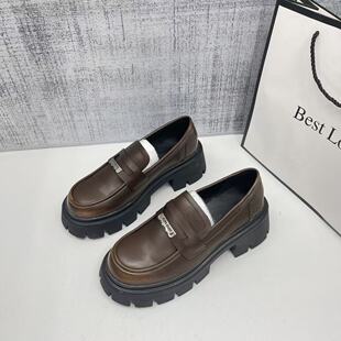 英伦风复古圆头小皮鞋 厚底粗跟乐福鞋 增高棕色女鞋 新款 女2025春季