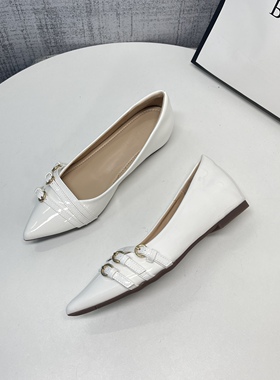 内增高3cm秋季平底玛丽珍晚晚风裸色漆皮法式尖头浅口白色单鞋女