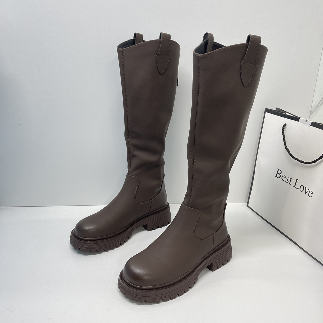 英伦风棕色百搭长筒靴女款