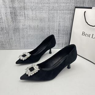 不累脚 水钻方扣尖头单鞋 黑色职业细跟高跟鞋 女5cm中跟2026春新款